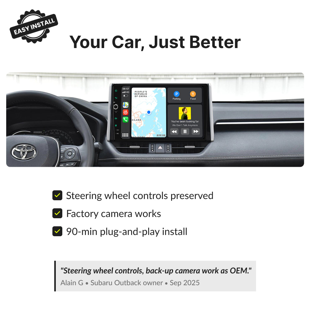 Toyota Rav4 2019-2023 head unit retains steering wheel controls, factory camera, and installs in 90 minutes plug-and-play.