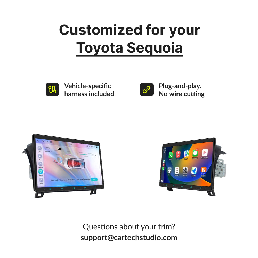 Customized 11.6” Android Head Unit for Toyota Sequoia 2008-2022 with plug-and-play harness and no wire cutting required.