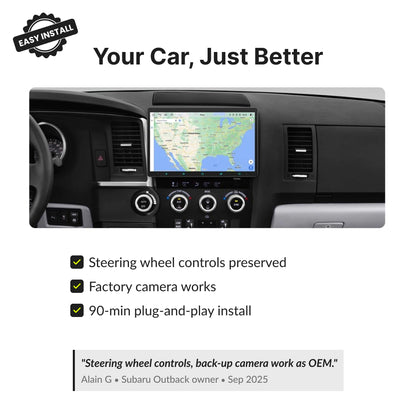 Toyota Sequoia 2008-2022 11.6” Android Head Unit retains steering wheel controls, factory camera, and installs in 90 minutes.