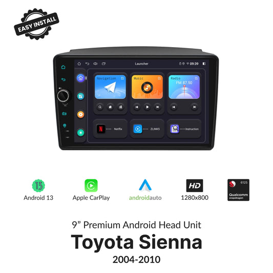 Toyota Sienna 2004-2010 9” Wireless CarPlay Android Head Unit with HD touchscreen, Android 13, and Apple CarPlay support for seamless upgrades.