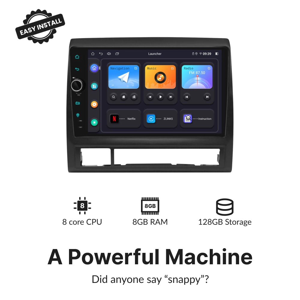 High-performance 9” Android Head Unit for Toyota Tacoma 2005-2015 featuring 8-core CPU, 8GB RAM, and 128GB storage for fast and smooth operation.