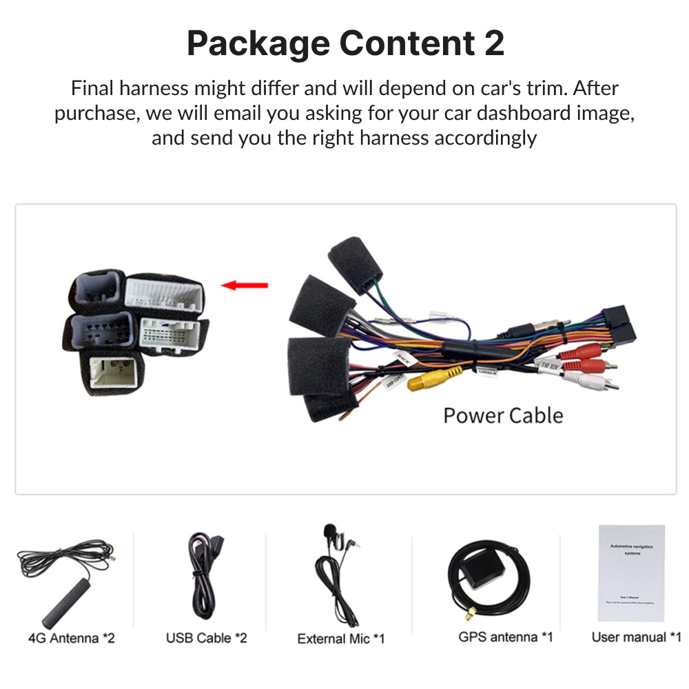 Package Content 2 for Toyota Tacoma 2005-2015 9” Android Head Unit includes harness, antennas, GPS, USB cables, and user manual for installation.