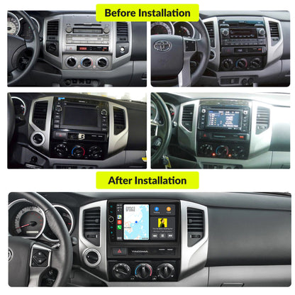 Before and after installation comparison of 9” Wireless CarPlay Android Head Unit in Toyota Tacoma 2005-2015 dashboard, showing upgraded interface.
