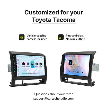 Customized 9” Android Head Unit for Toyota Tacoma 2005-2015 with plug-and-play harness and no wire cutting required for easy installation.