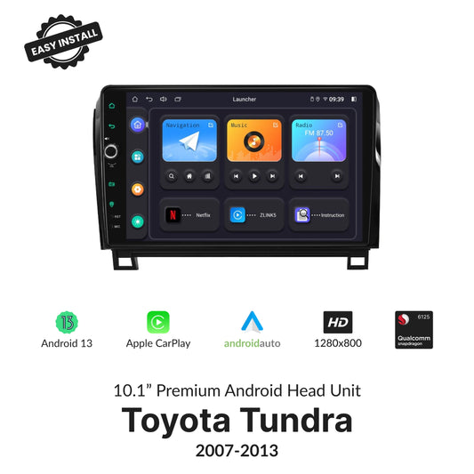 Toyota Tundra 2007-2013 10.1” Wireless CarPlay Android Head Unit with Android 13, Apple CarPlay, Android Auto, and 1280x800 display resolution.