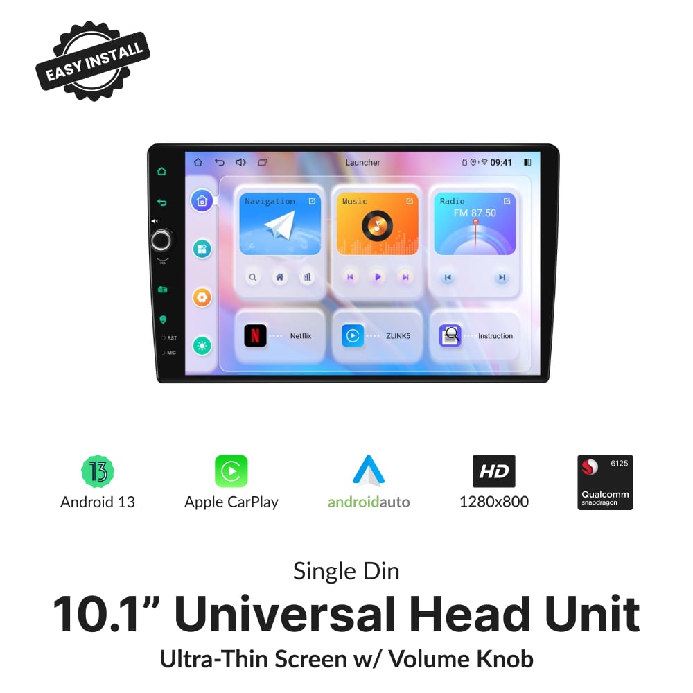 Premium Single Din 10.1” Universal Carplay & Android Auto Head Unit with Volume Knob