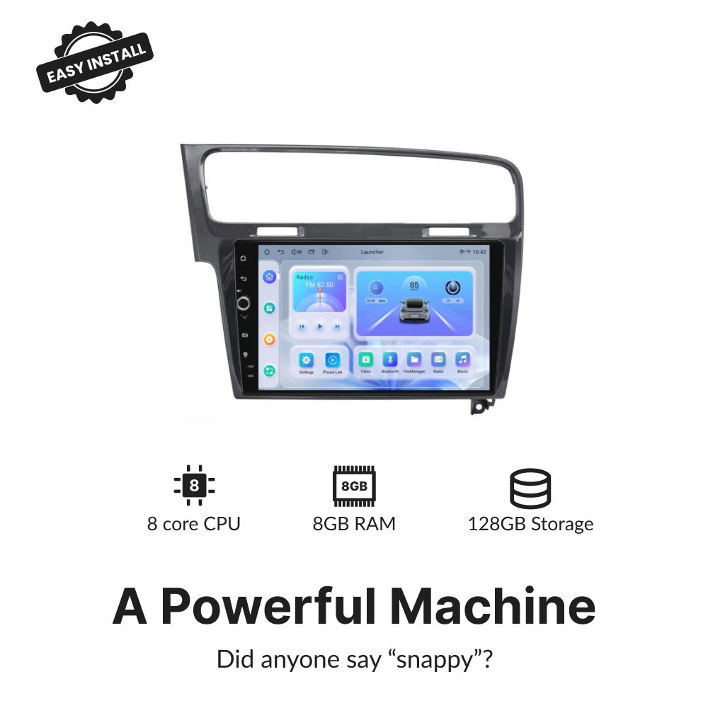 High-performance Volkswagen Golf 7 MK7 GTI Android Head Unit with 8-core CPU, 8GB RAM, and 128GB storage.