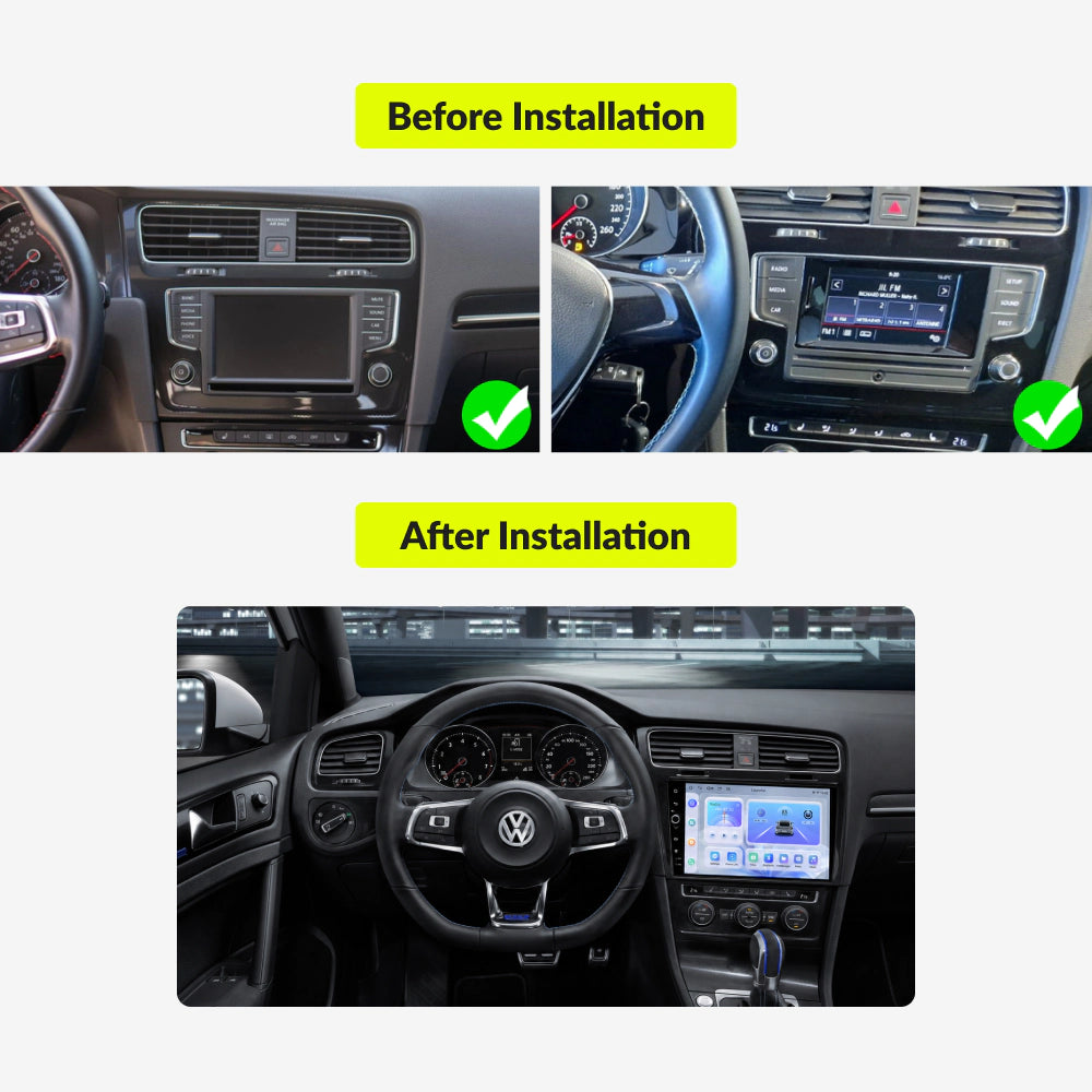 Before and after installation of a 10.1” Wireless CarPlay Android Head Unit in a Volkswagen Golf 7 MK7 GTI 2013-2017 dashboard.