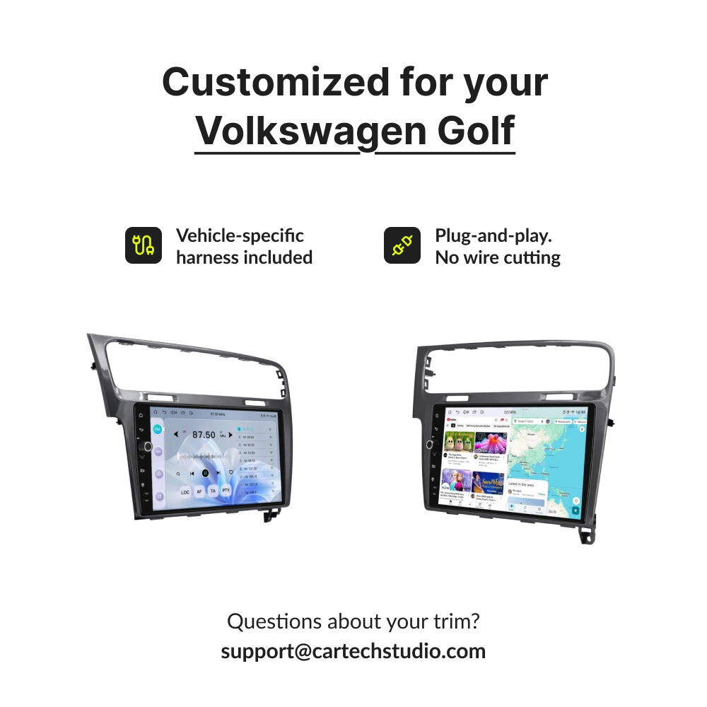 Customized 10.1” Android Head Unit for Volkswagen Golf 7 MK7 GTI 2013-2017 with plug-and-play harness and no wire cutting.