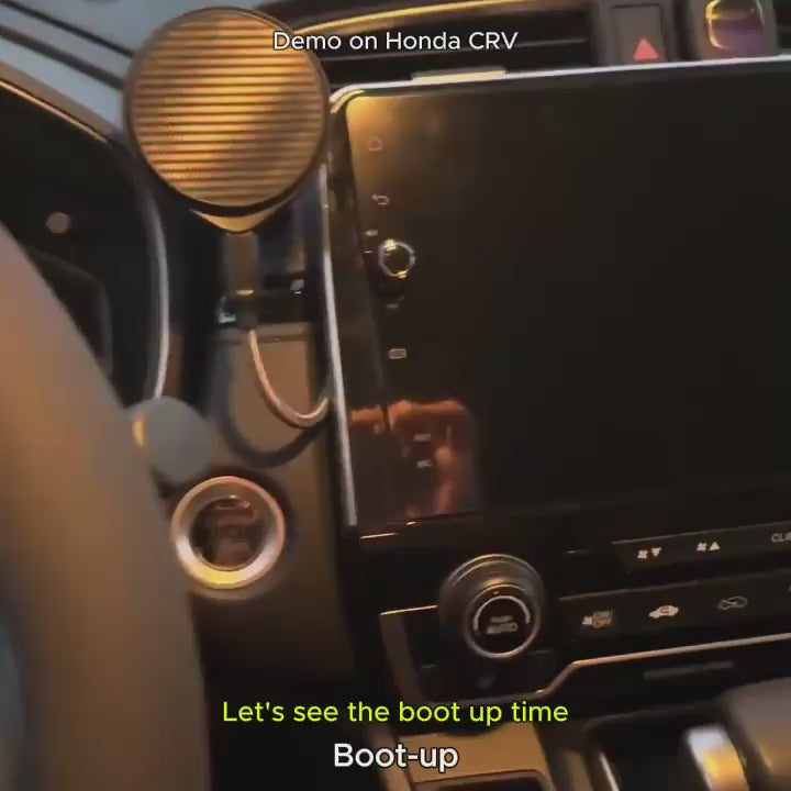 Demo showing fast boot-up time of 9” Wireless CarPlay Android Head Unit, highlighting responsive performance in a vehicle setup.
